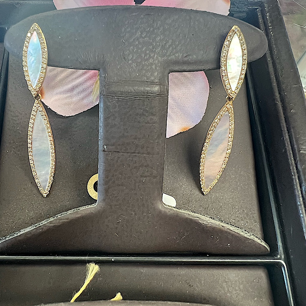 14 Kt Yellow Gold Diamond And Mother Of Pearl Long Drop Earrings
